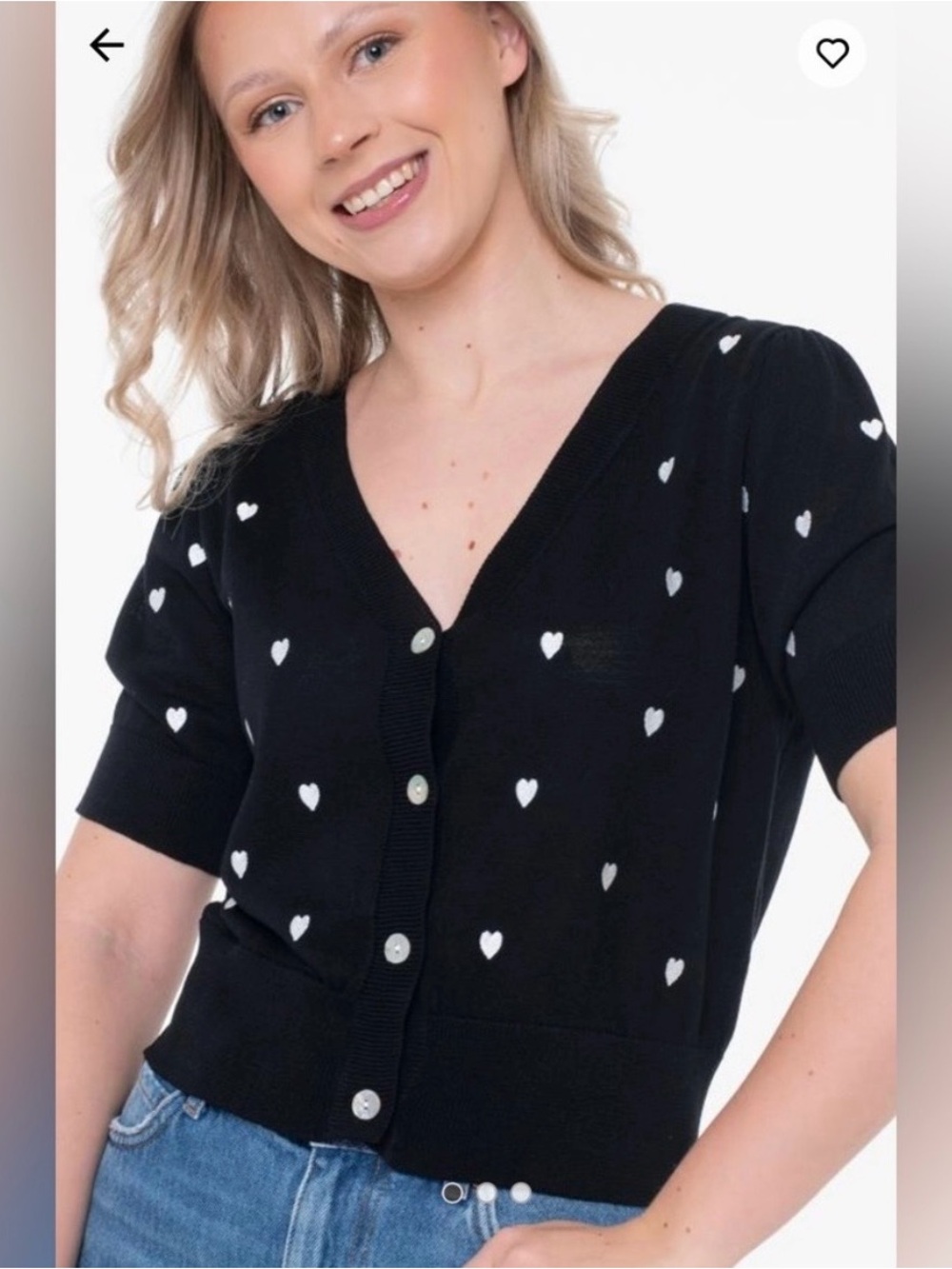NWT Molly Bracken Black V-Neck Button Cardigan with White Embroidered Hearts, XS